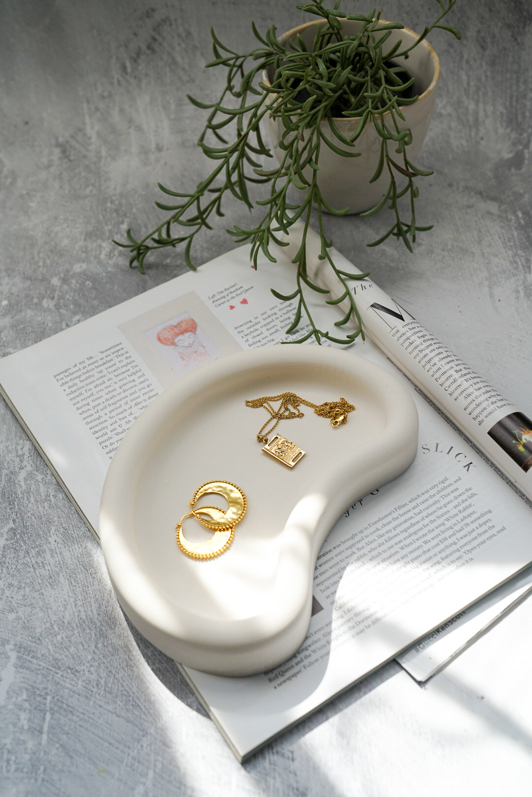 Large Irregular Jewellery Tray on a magazine with green plants next to it.
