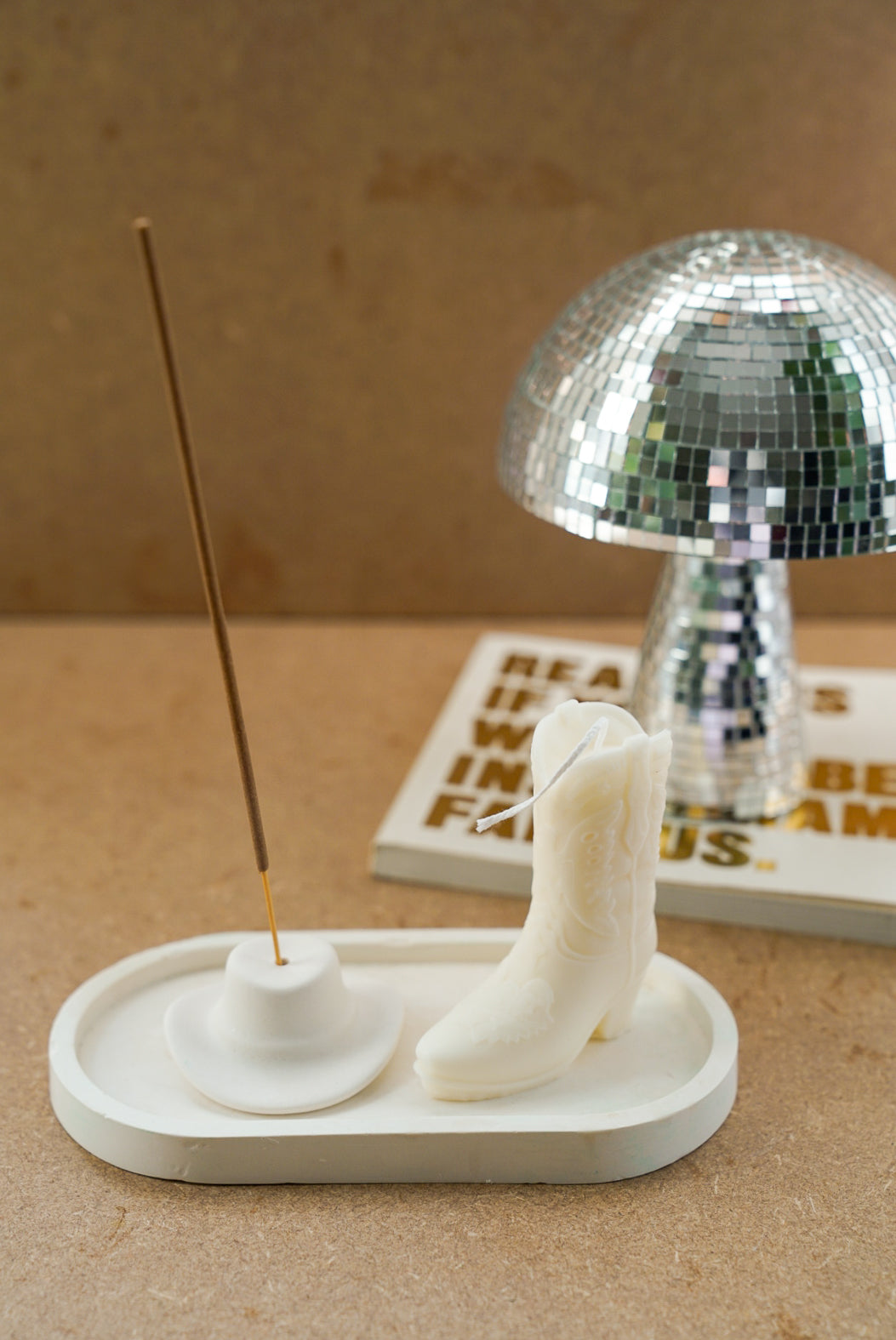 ivory Cowboy Boot Candle and Off White Cowboy Hat Incense Holder Gift Set