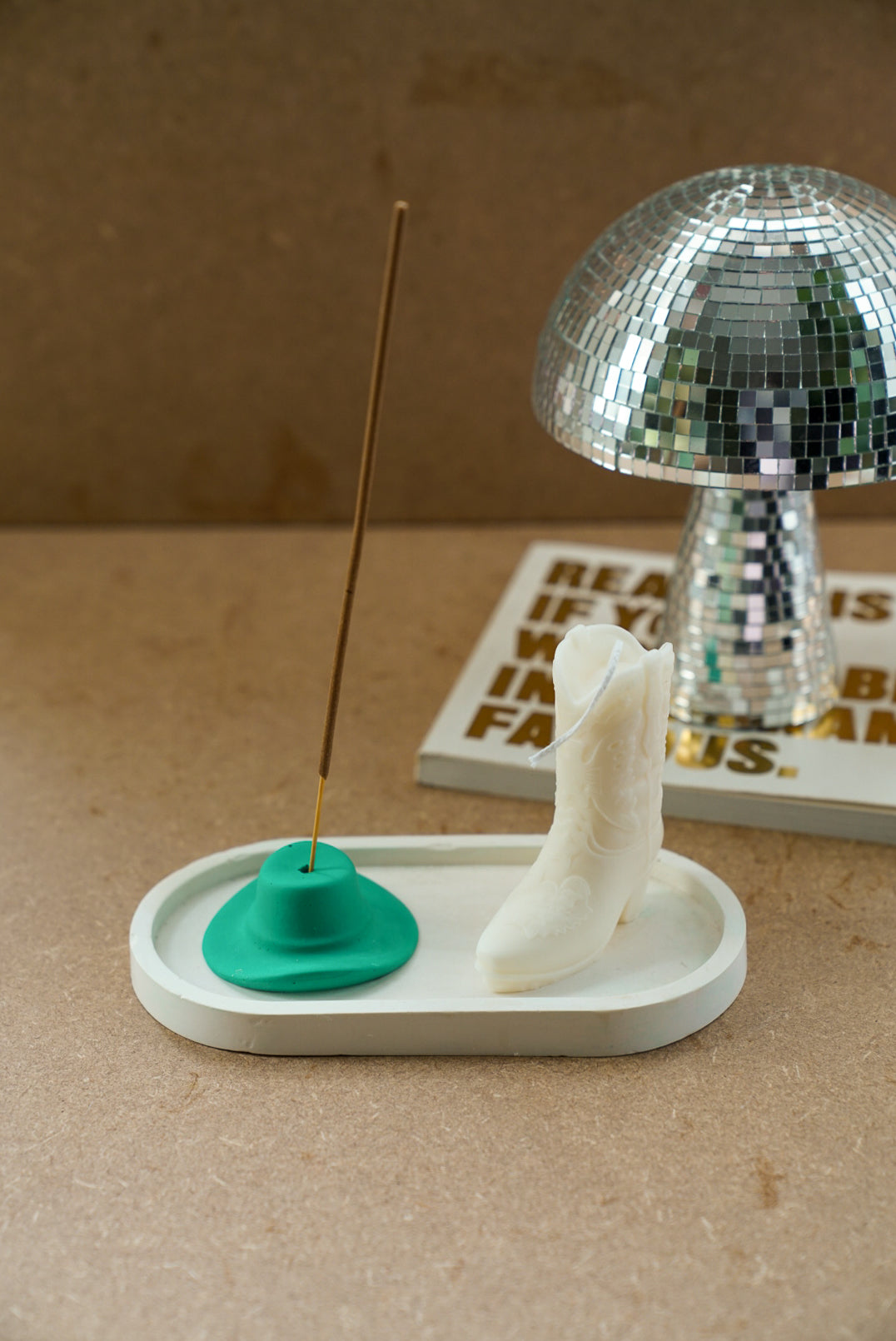 Ivory Cowboy Boot Candle and Green Cowboy Hat Incense Holder Gift Set Mushroom Disco Ball on the background.