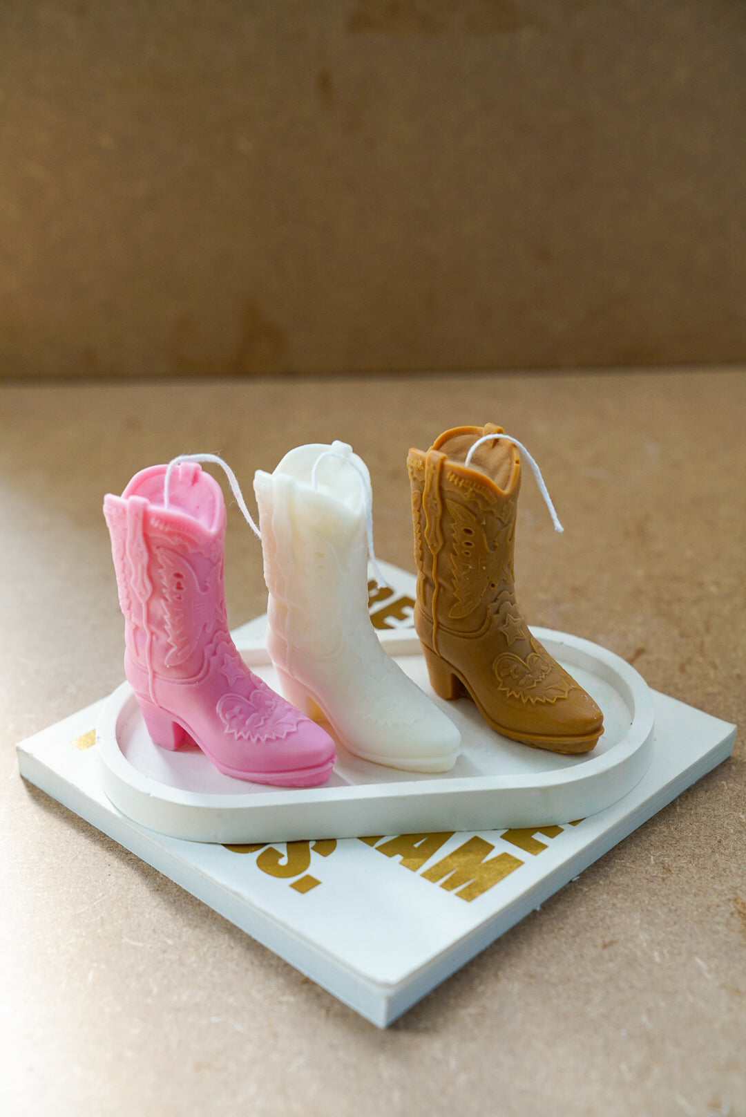Pink, Ivory and Brown Cowboy Boot Candles