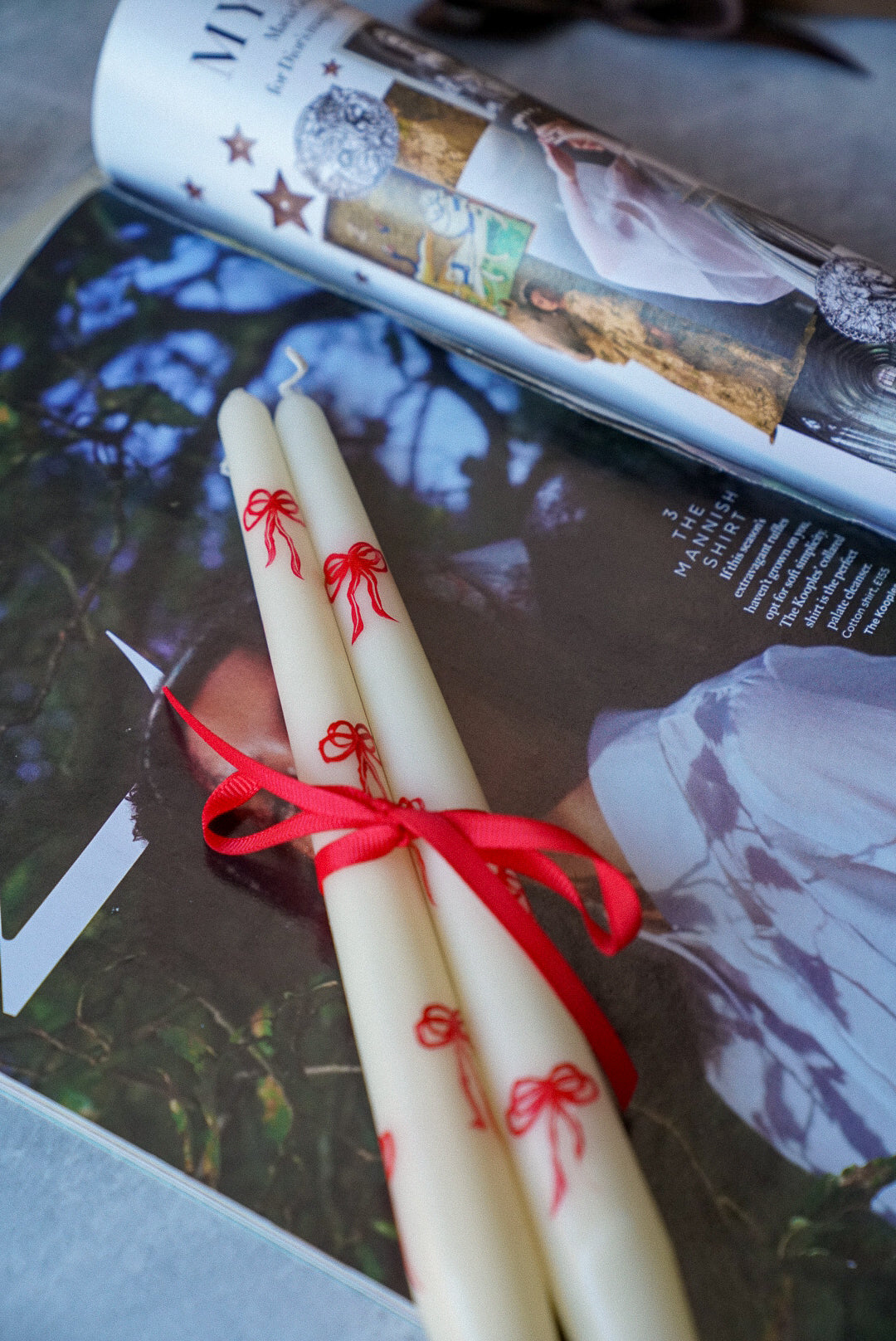 Red Bow Hand-Painted Pillar Candles on the magazine