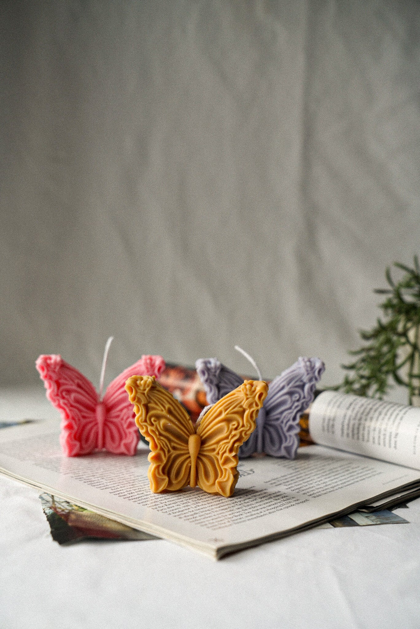Butterfly SoyPink Brown and Lavender Wax Candle sitting on the magazine.