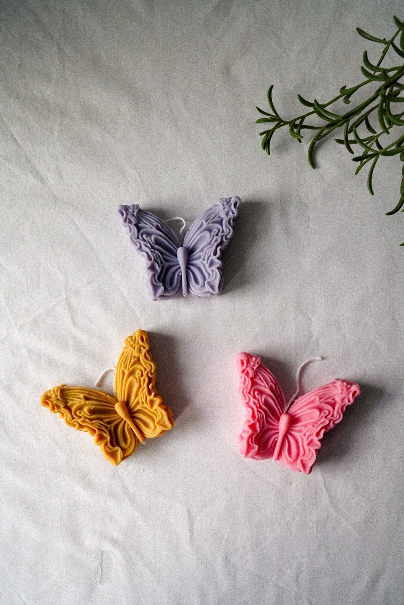 Three Butterfly Soy Wax Candles with white background.