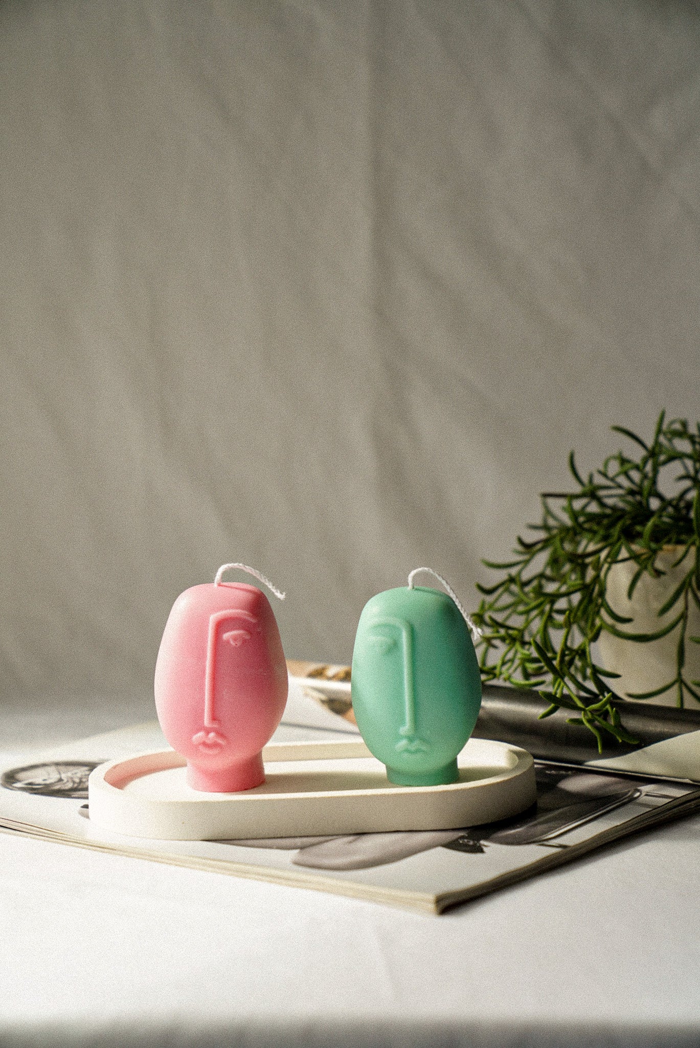 Abstract Face Soy Wax Candle green and pink colour
