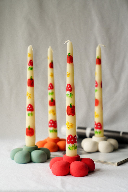 Pumpkin and Mushroom Hand Painted Candle W/ Flower Candle Holder gift set