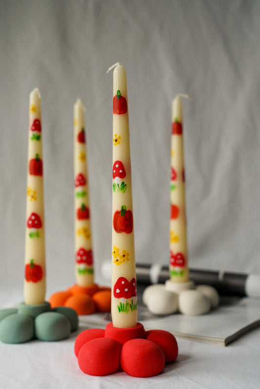 Pumpkin and Mushroom Hand Painted Candle W/ Flower Candle Holder gift set