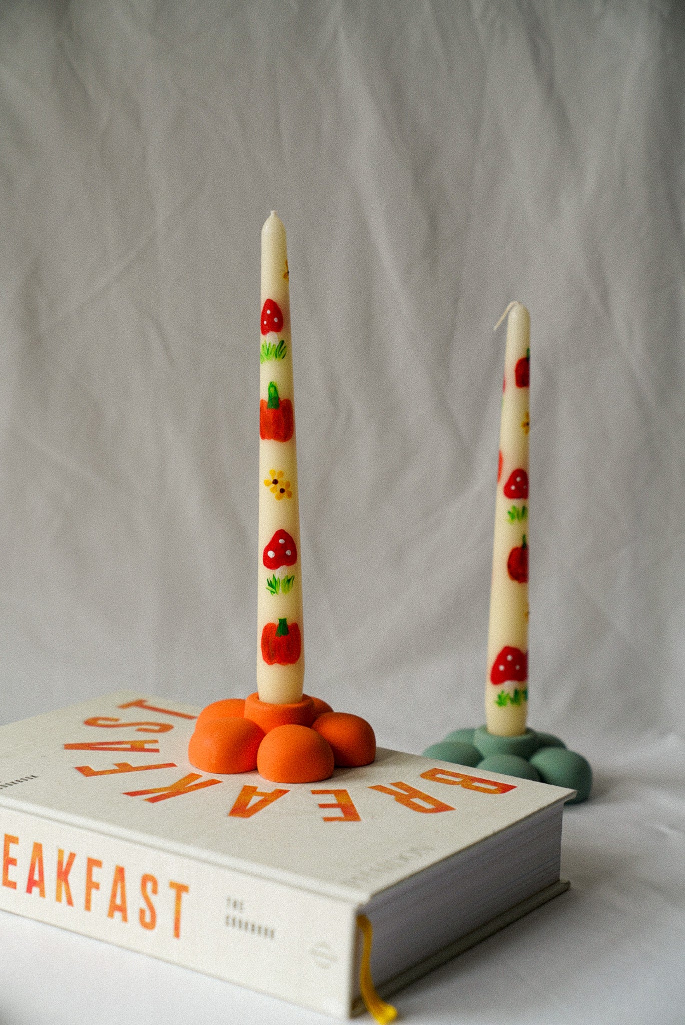 Pumpkin and Mushroom Hand Painted Candle W/ Flower Candle Holder gift set