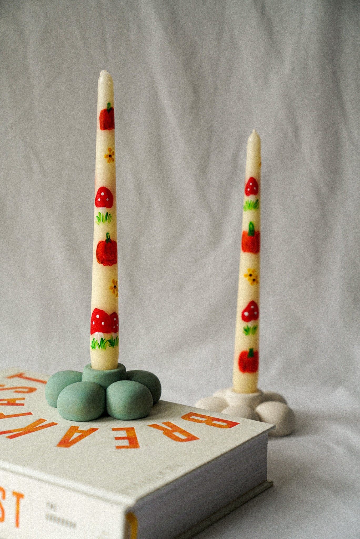 Pumpkin and Mushroom Hand Painted Candle W/ Flower Candle Holder gift set