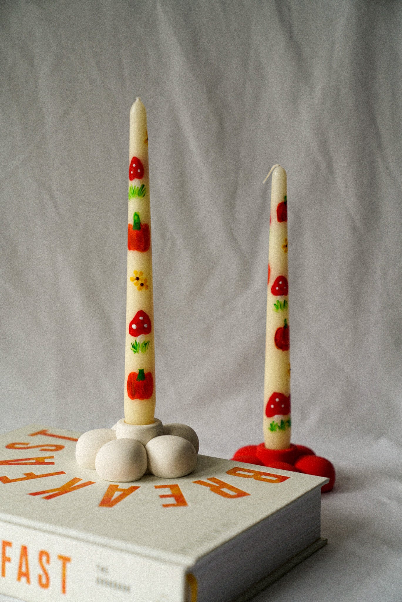 Pumpkin and Mushroom Hand Painted Candle W/ Flower Candle Holder gift set