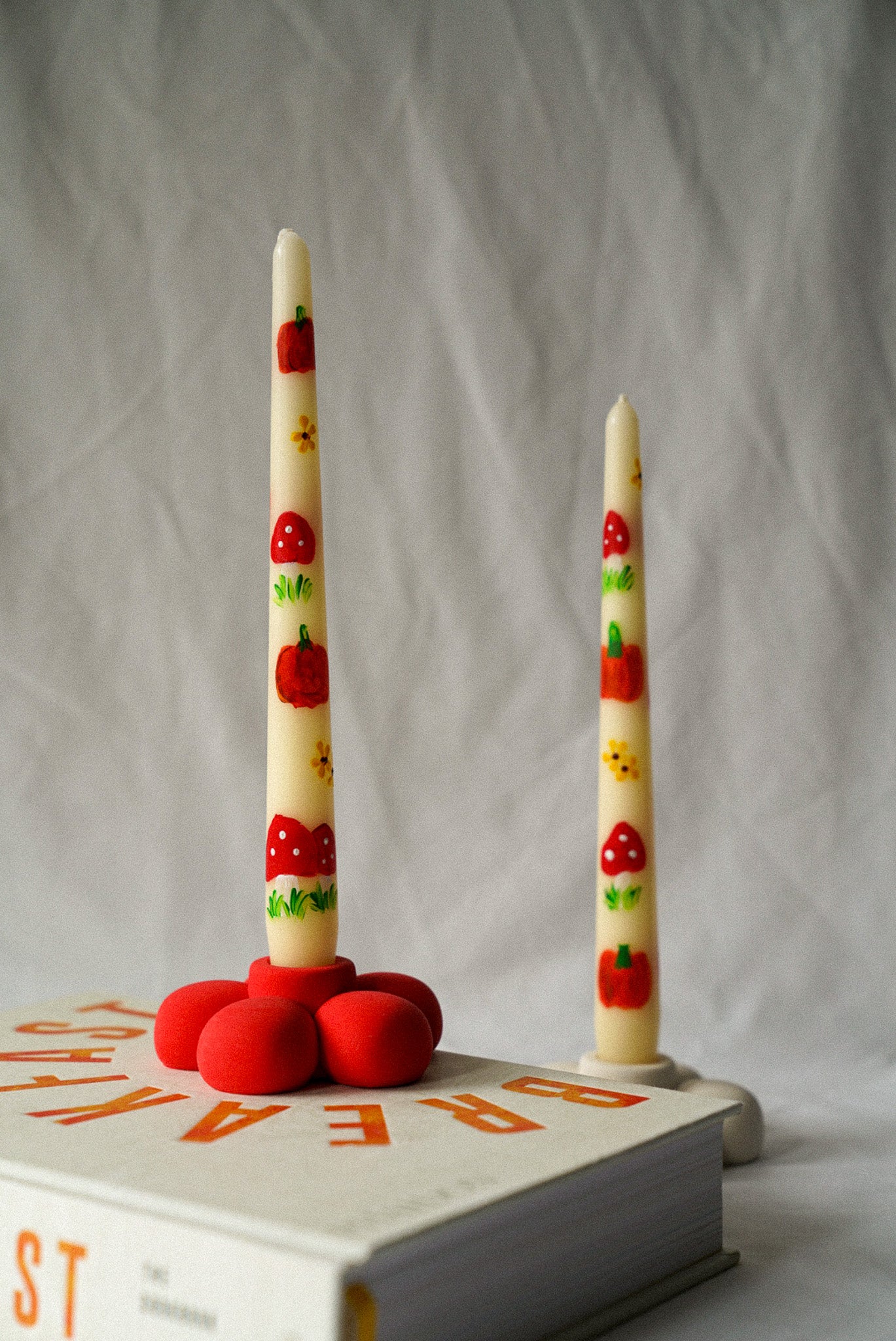 Pumpkin and Mushroom Hand Painted Candle W/ Flower Candle Holder gift set