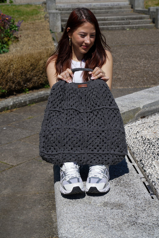 Grey Handcrafted Boho Tote Bag