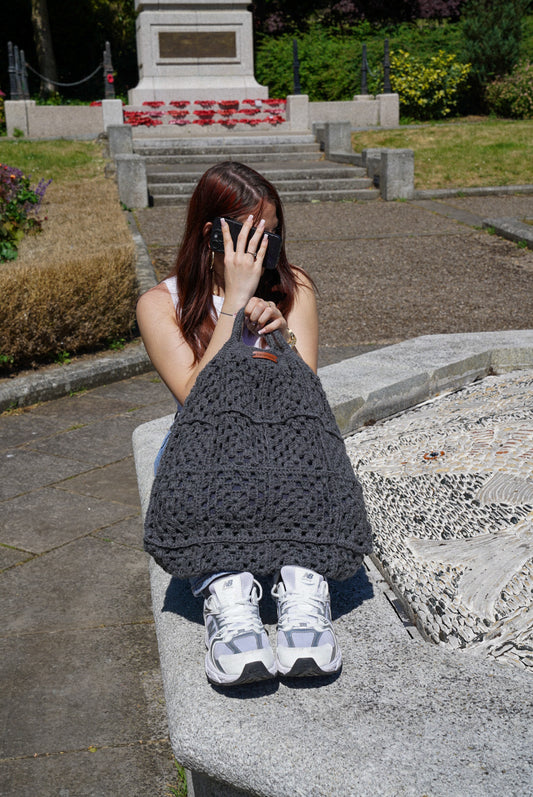 Grey Handcrafted Boho Tote Bag