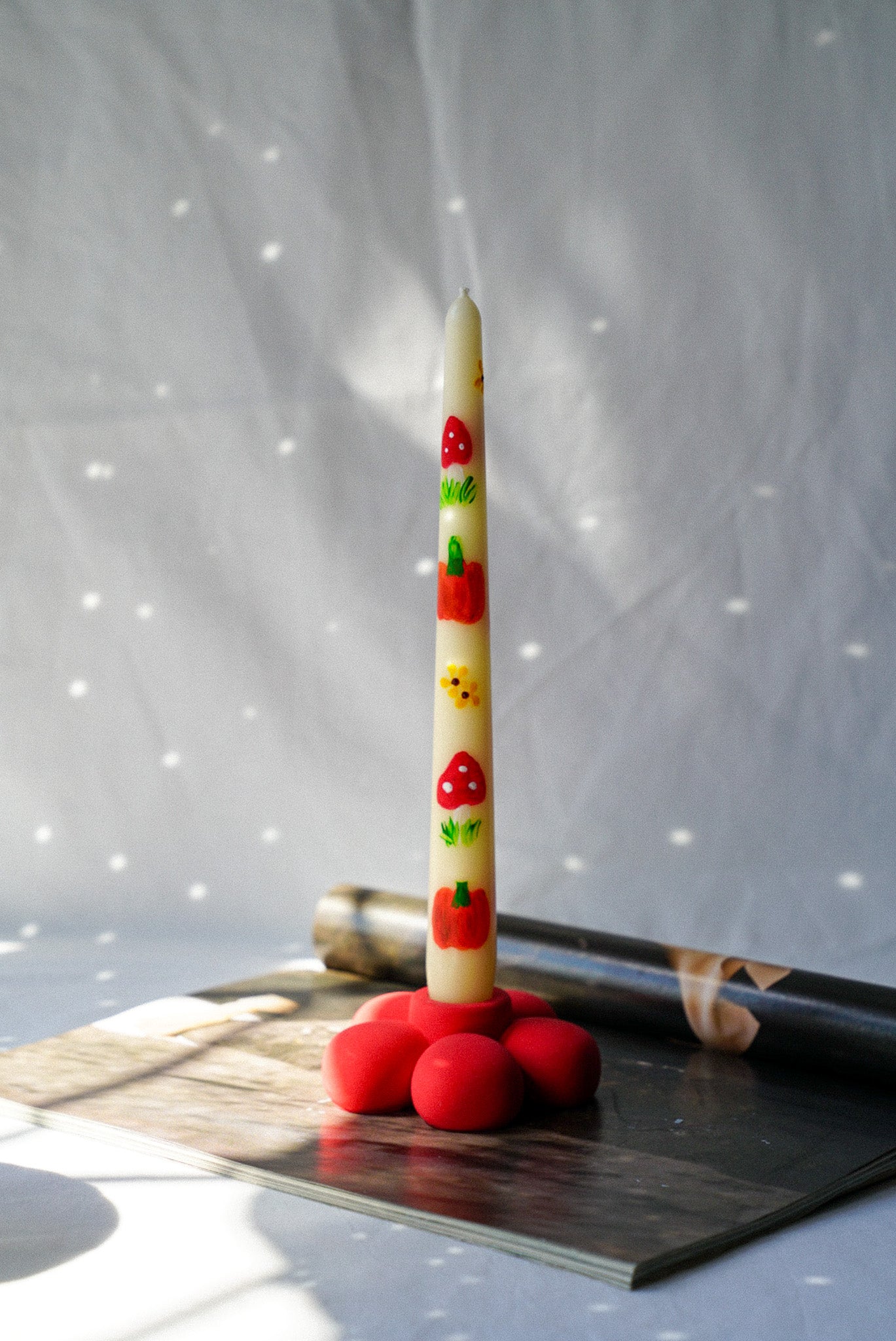 Pumpkin and Mushroom Hand Painted Candle W/ Flower Candle Holder gift set