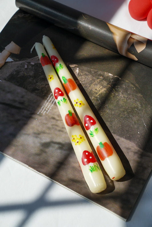 Pumpkin and Mushroom Hand Painted Candle