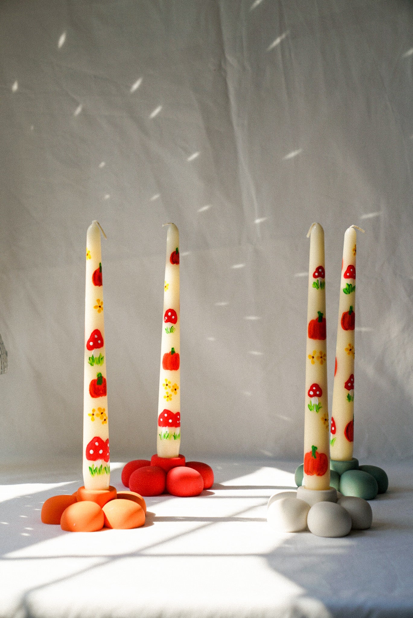 Pumpkin and Mushroom Hand Painted Candle W/ Flower Candle Holder gift set
