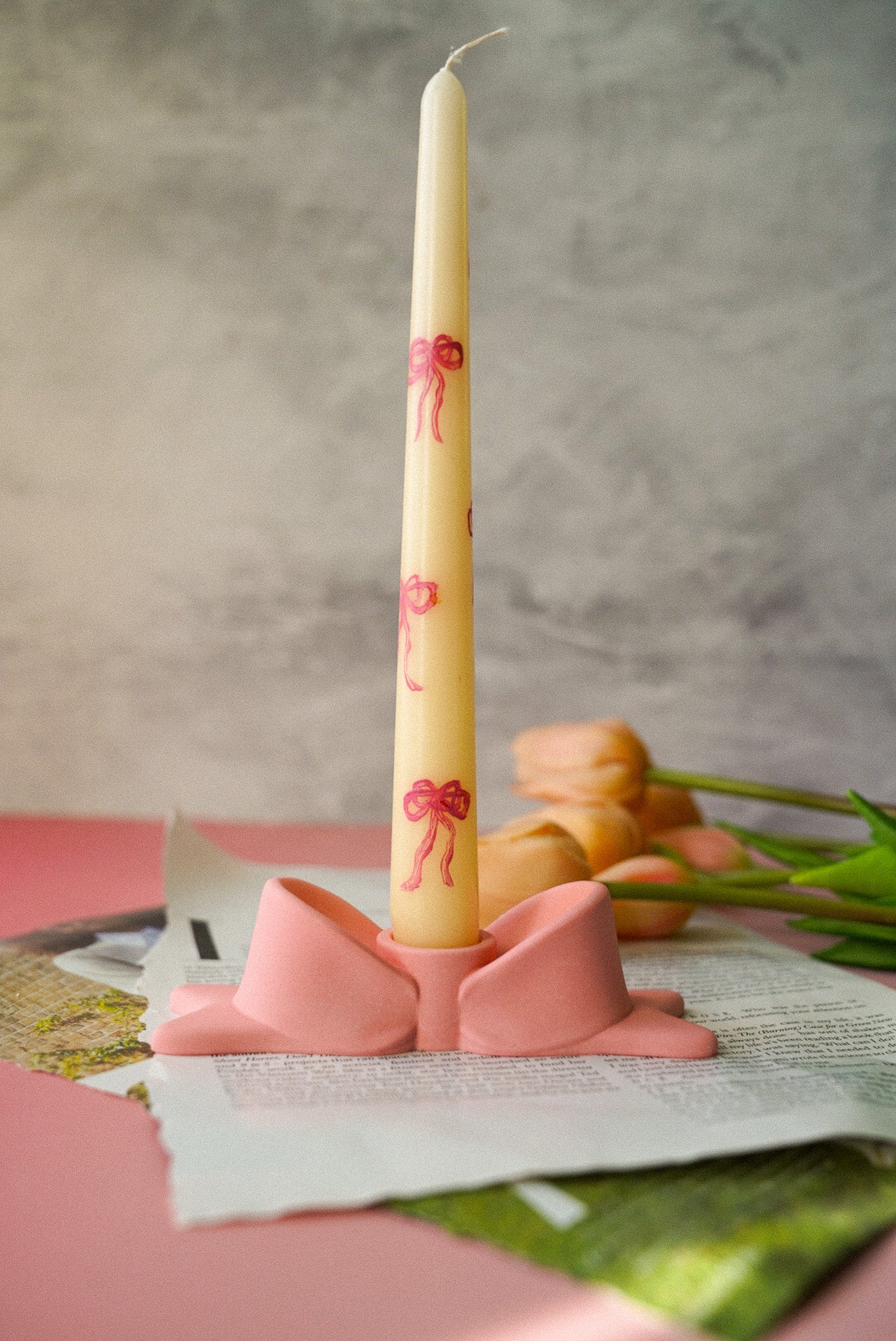 Hand Painted Bow Pillar Candle and Candle Holder Gift Set