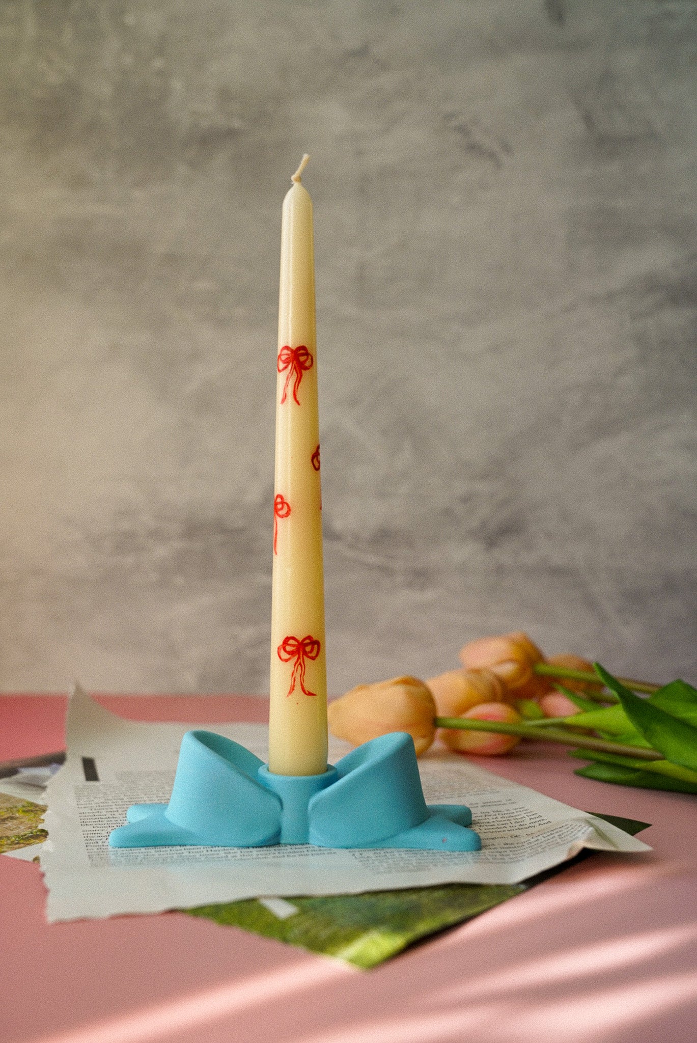 Hand Painted Bow Pillar Candle and Candle Holder Gift Set