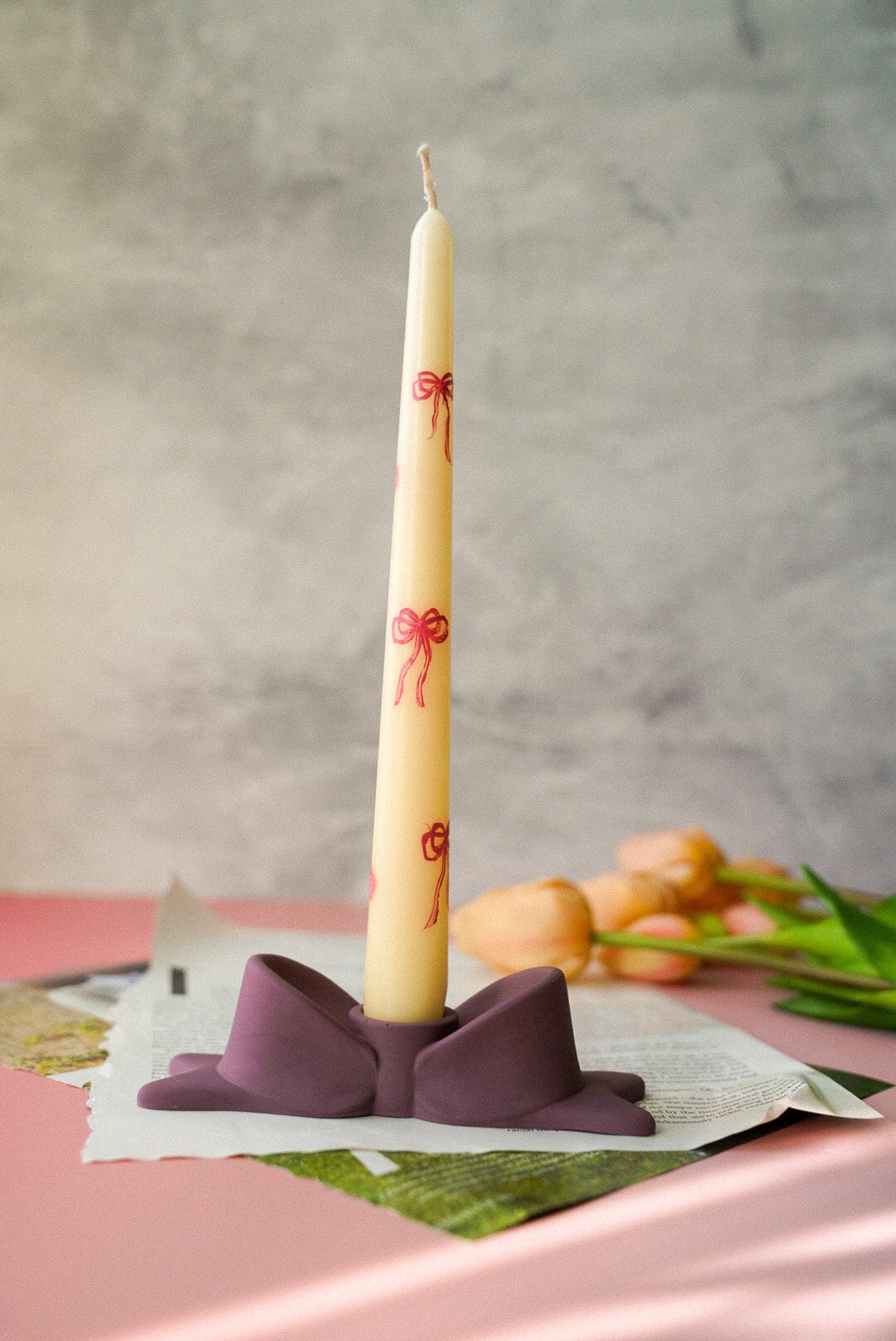 Hand Painted Bow Pillar Candle and Candle Holder Gift Set