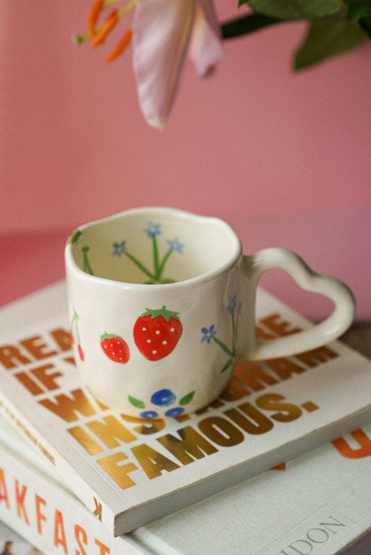 Hand Painted Fruity Ceramic Coffee Cup With Heart Handle / Tea Mug