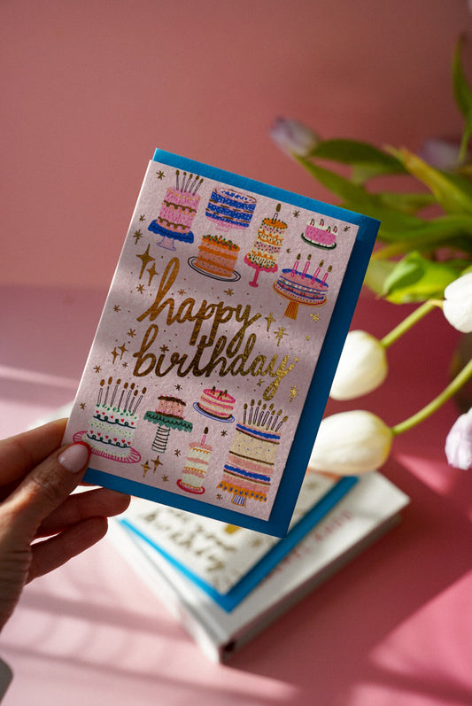 Happy Birthday Cake Pattern Gold Greetings Card