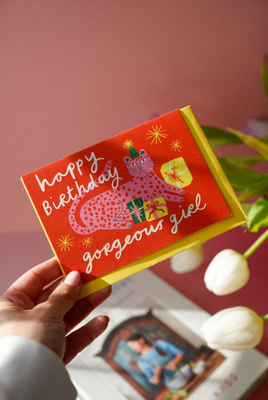 Holding Happy Birthday Gorgeous Girl Leopard Cute Birthday Card