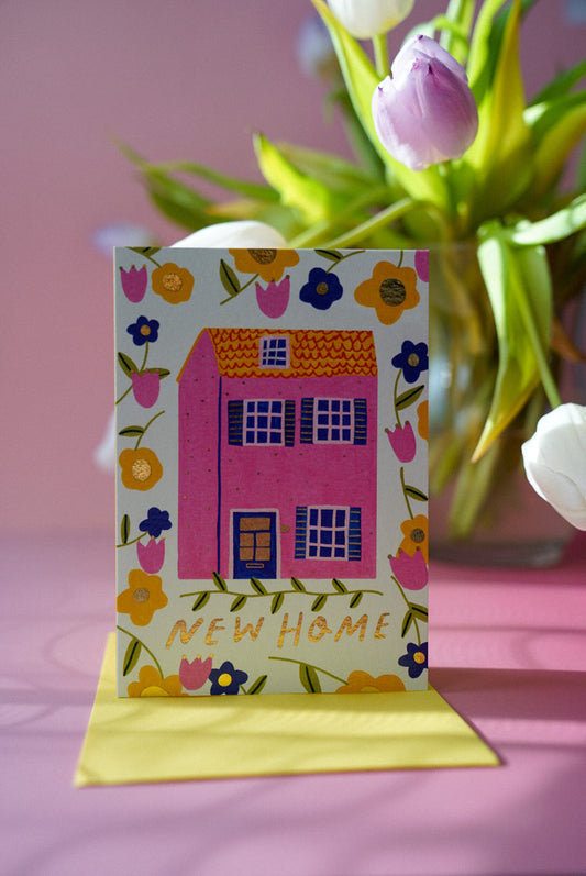 New Home Floral Patterned Gold Greetings Card