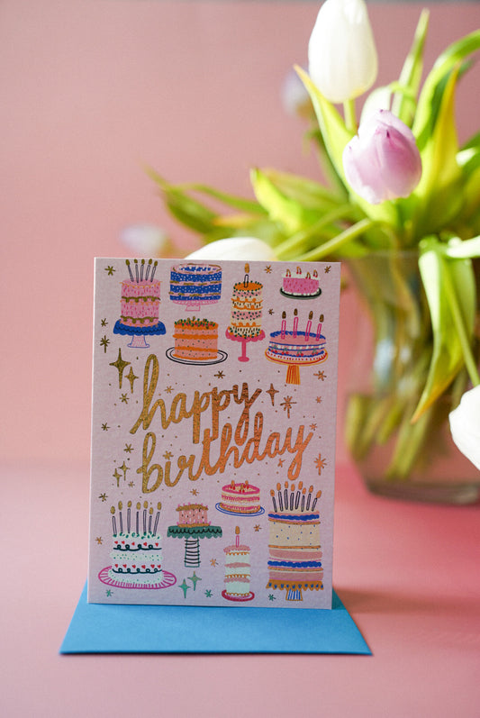 Happy Birthday Cake Pattern Gold Greetings Card