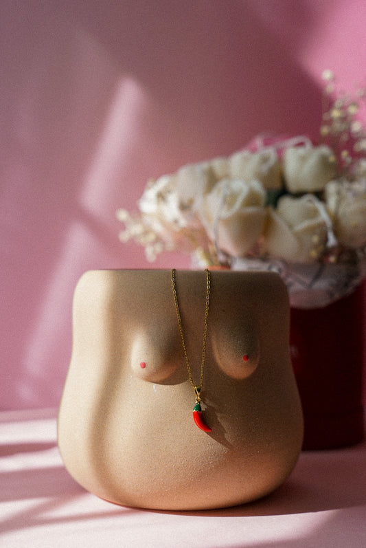 Ceramic sculpture of a female torso with a necklace on a pink background
