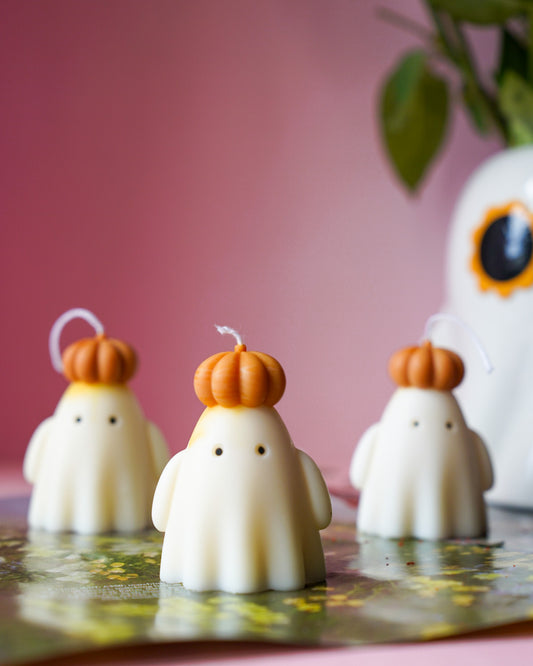 Ghost with Orange Pumpkin Hat Soy Wax Candle