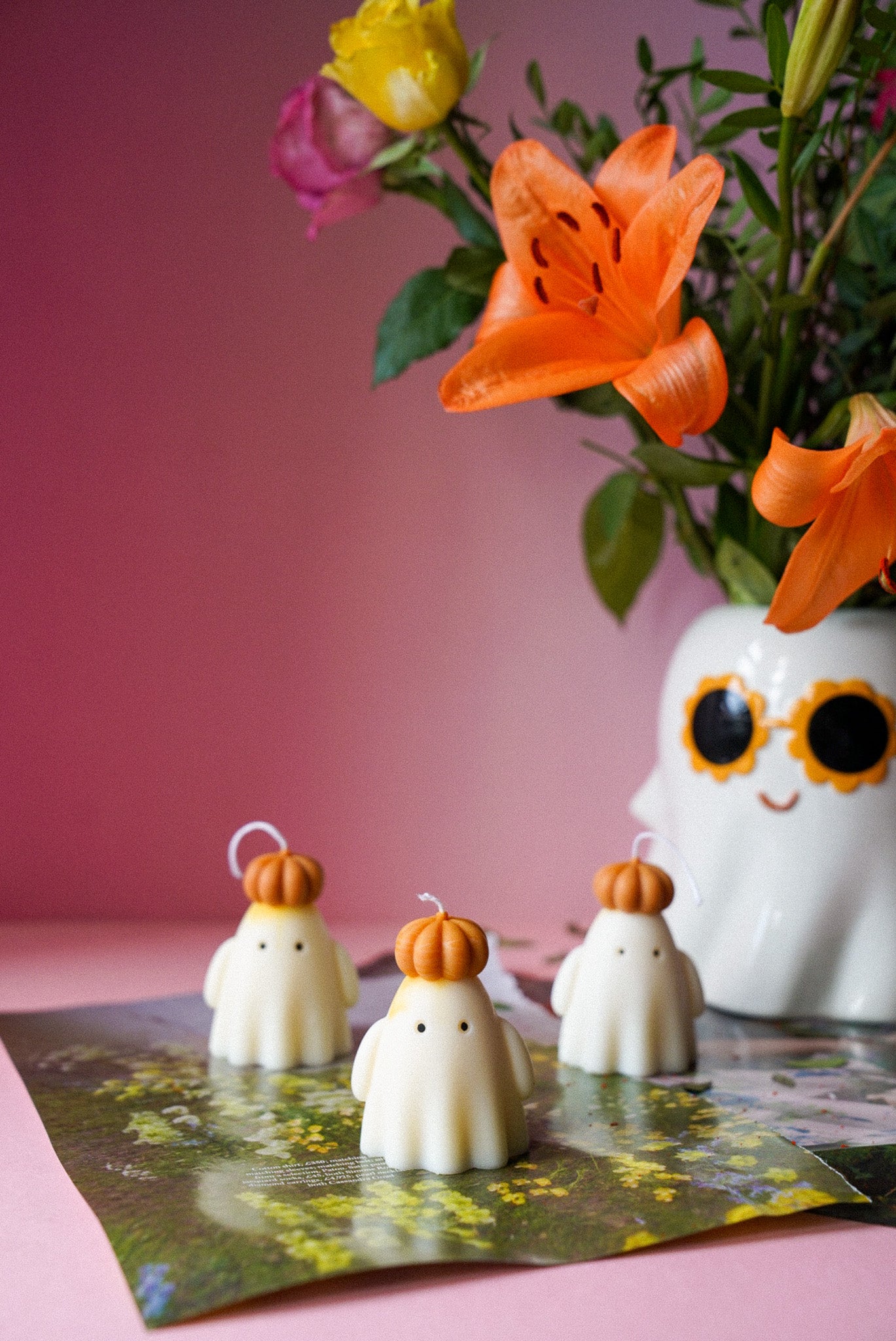 Ghost with Orange Pumpkin Hat Soy Wax Candle