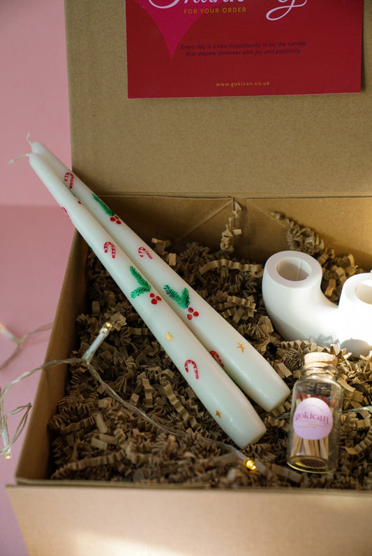 Hand-Painted Christmas Candles With U shape candle holder gift set