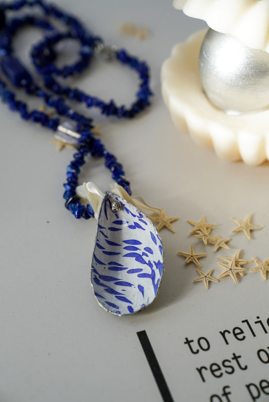Blue Stone Chip Necklace With Decoupage Shell Charm