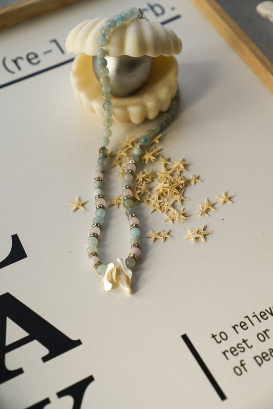 Pastel Aqua Beaded Necklace with Natural Shell Pendant (One of a Kind)