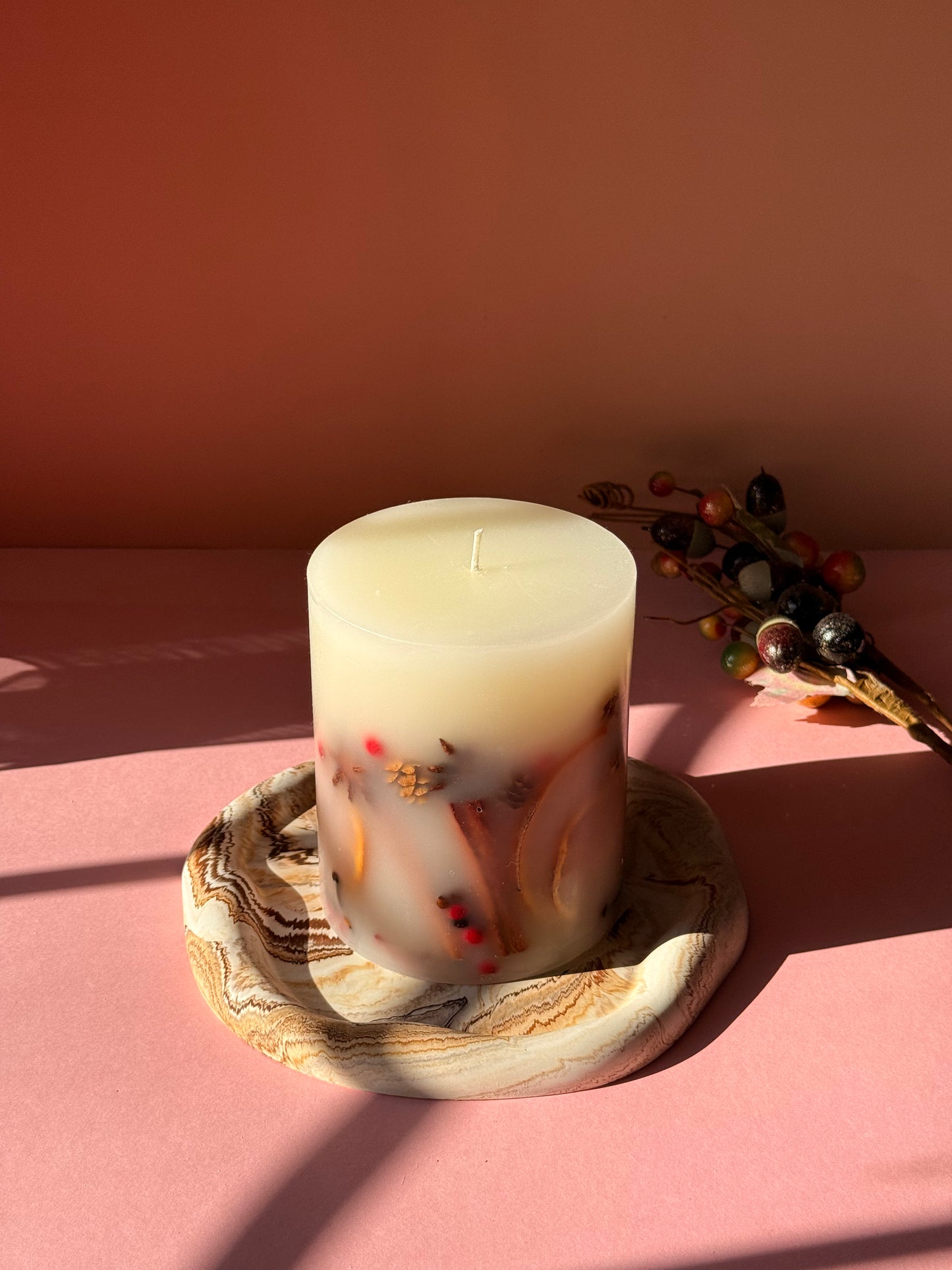 Handmade Winter Botanical Christmas Pillar Candle – Single Wick