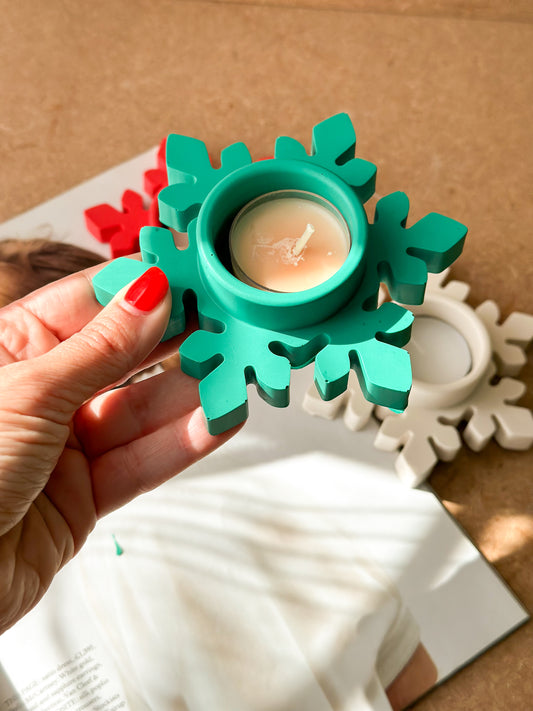 Holding Green Snowflake Christmas Tea light Holders