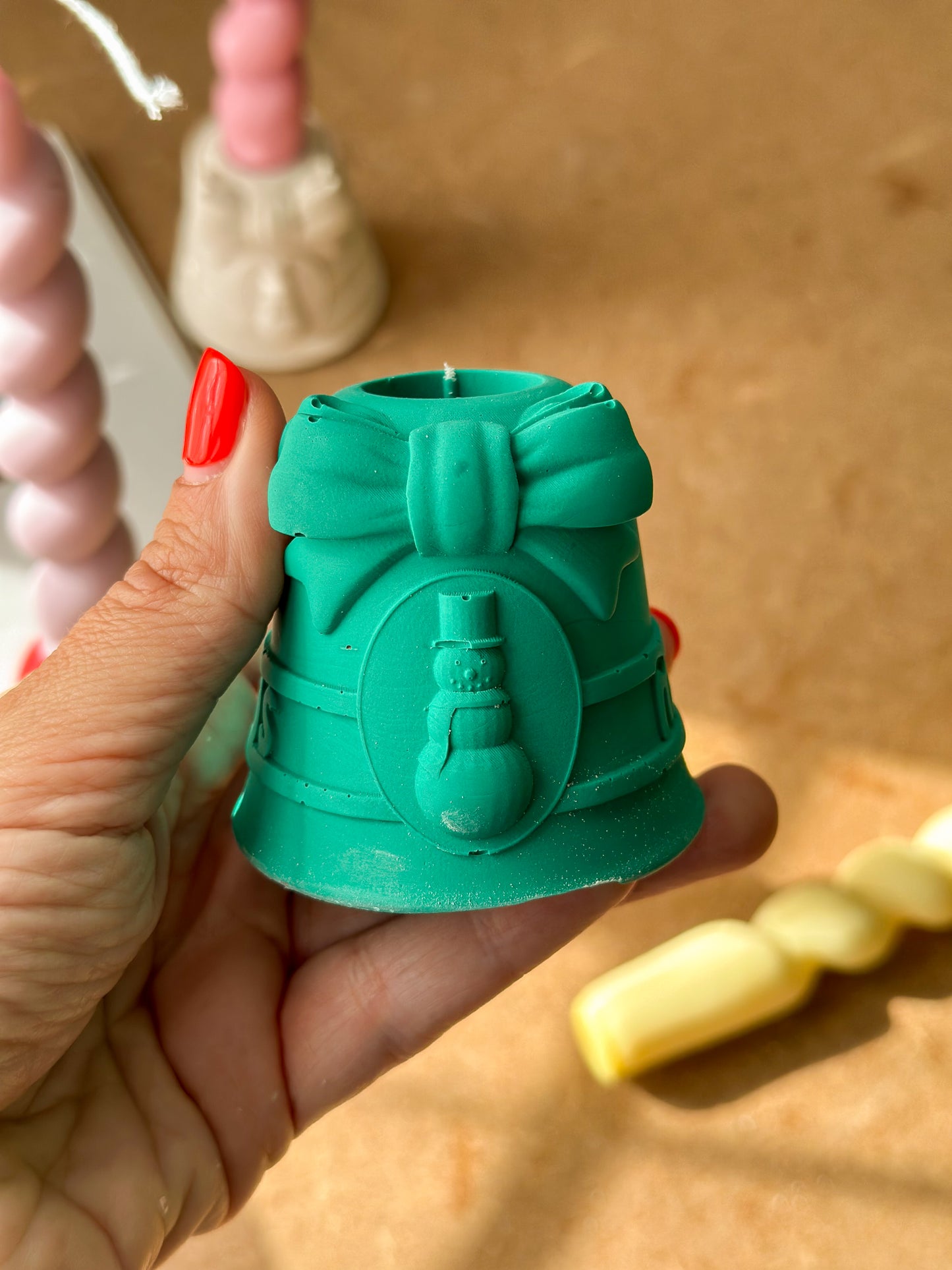 Green Christmas Candle Holders With Snowman and bow detailed