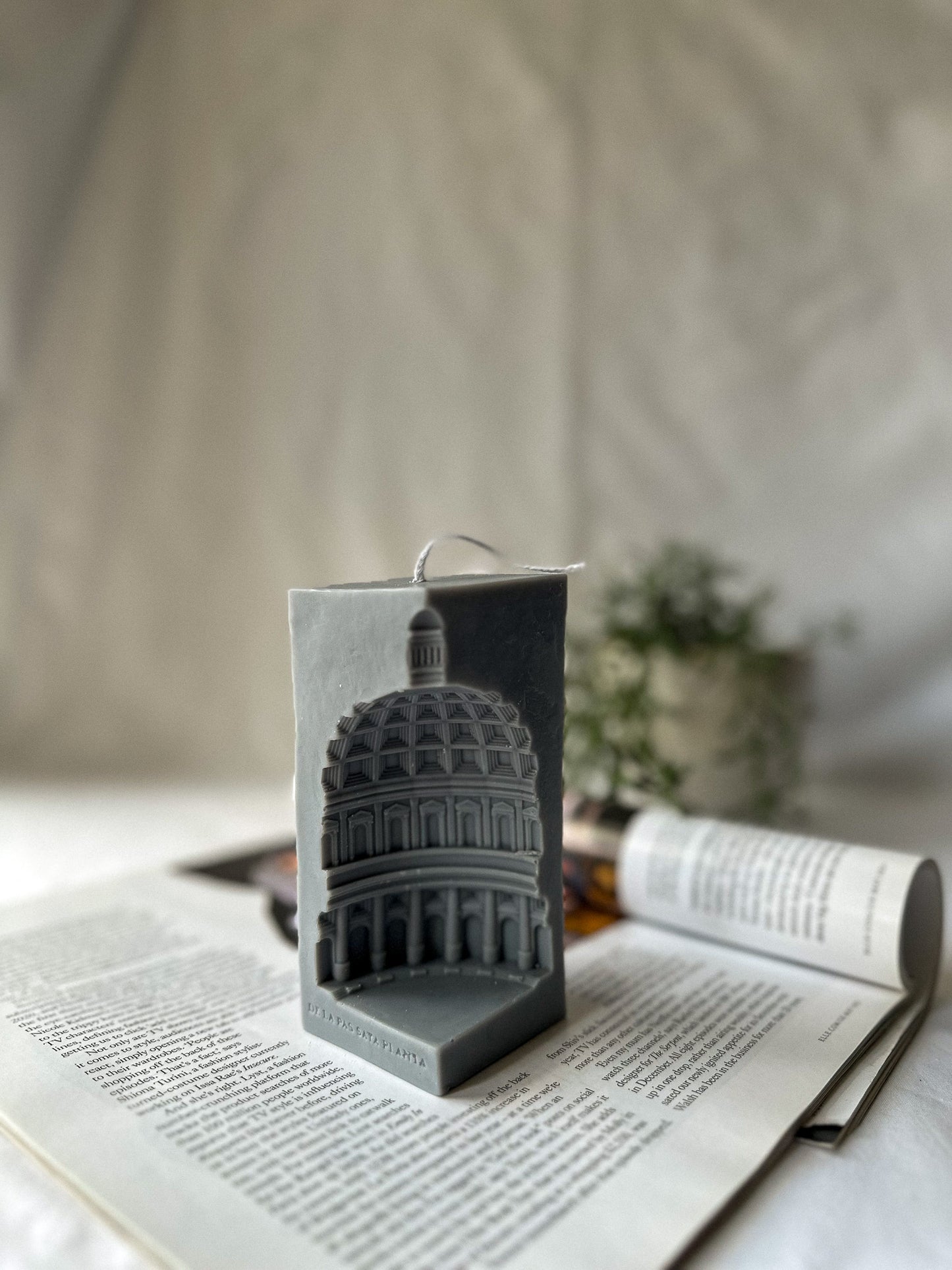 Grey Rome Pantheon Capital Soy Candle on a magazine green plant on the background.
