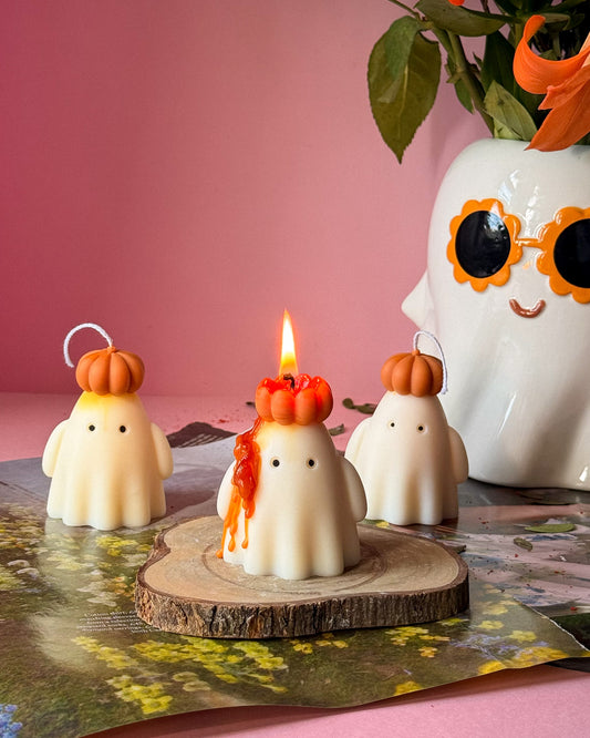 Ghost with Orange Pumpkin Hat Soy Wax Candle