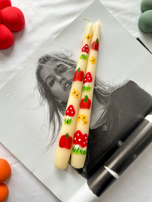 Pumpkin and Mushroom Hand Painted Candle