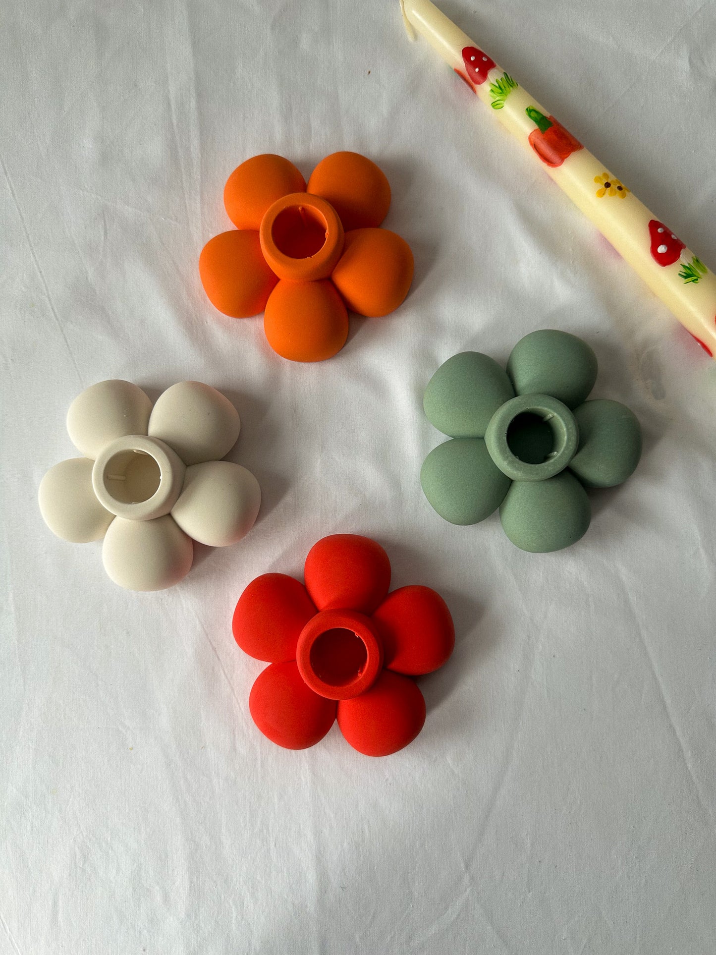 Pumpkin and Mushroom Hand Painted Candle W/ Flower Candle Holder gift set