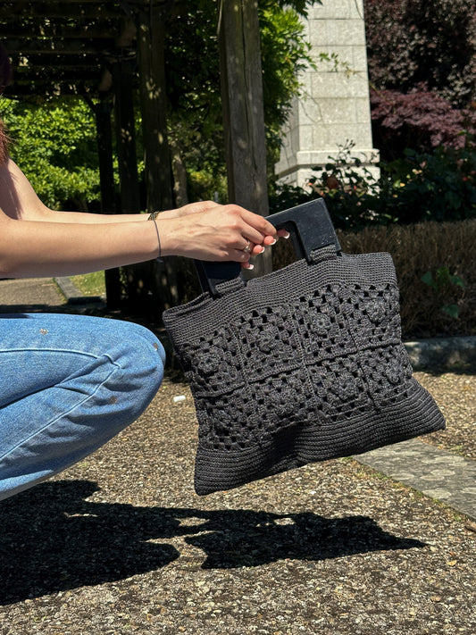 Black Handcrafted Tote Bag with Wooden Holder