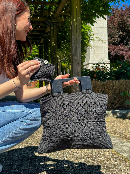 Black Handcrafted Tote Bag with Wooden Holder