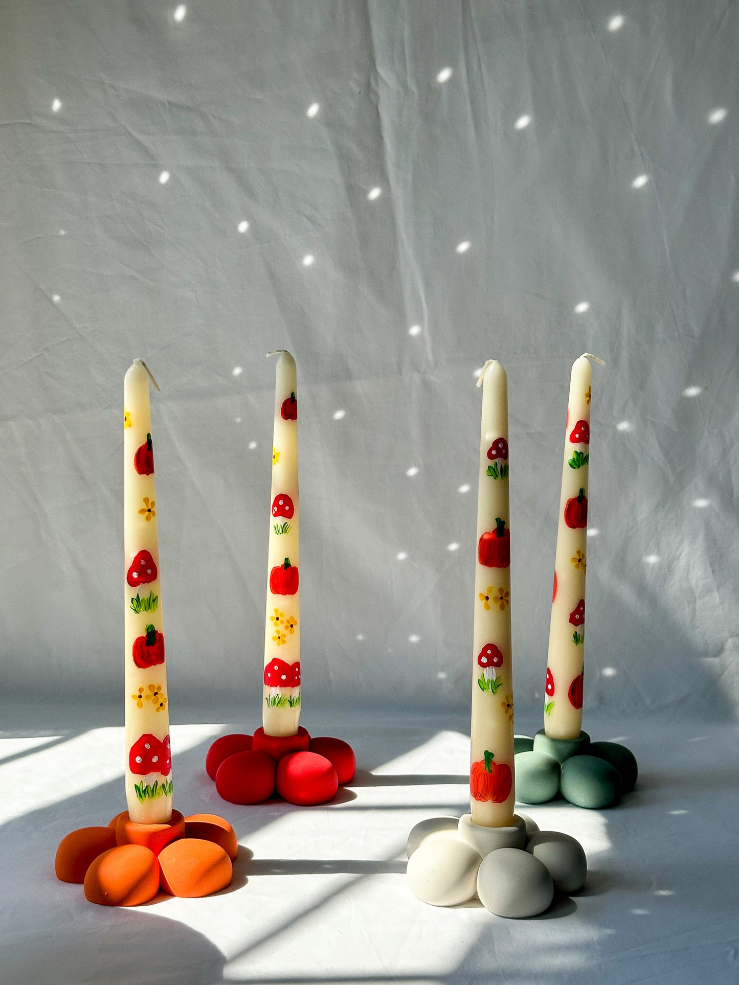 Pumpkin and Mushroom Hand Painted Candle W/ Flower Candle Holder gift set