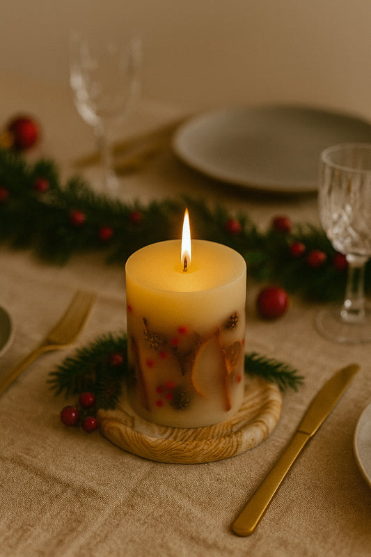 Handmade Winter Botanical Christmas Pillar Candle – Single Wick