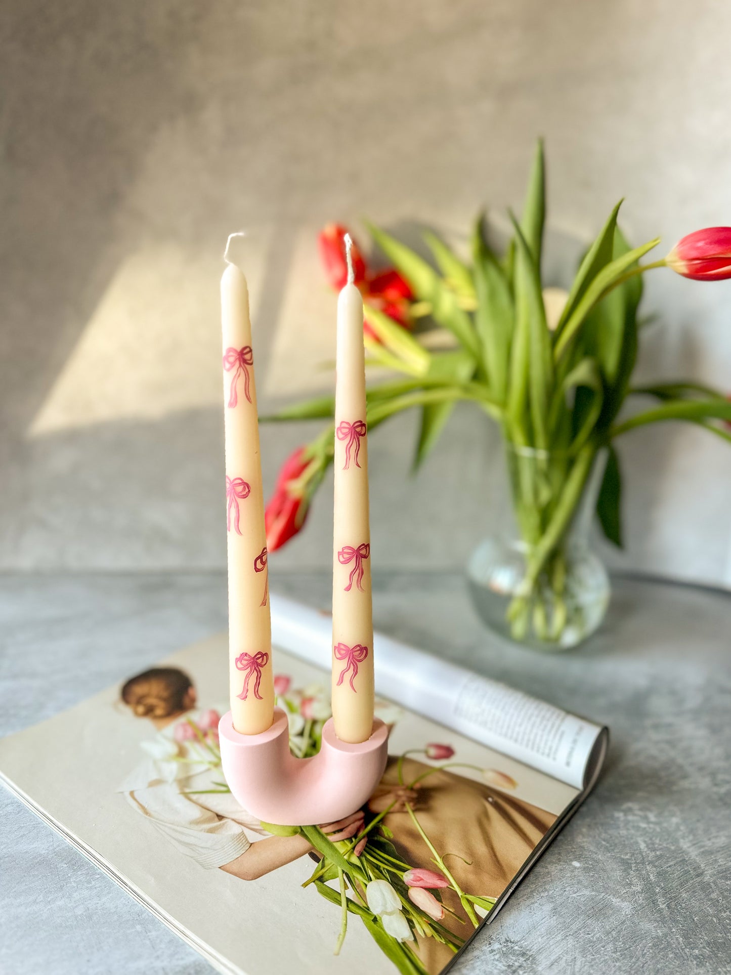 Pink Bow Hand-Painted Pillar Candles / Pink U shape candle holder