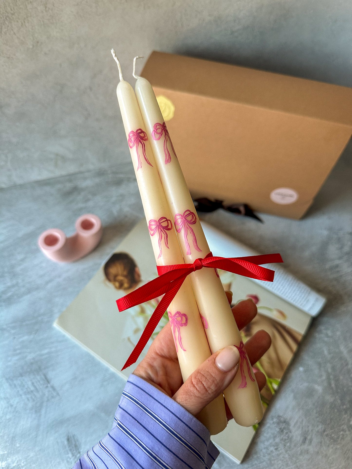 Pink Bow Hand-Painted Pillar Candles Brown Gift Box on the background