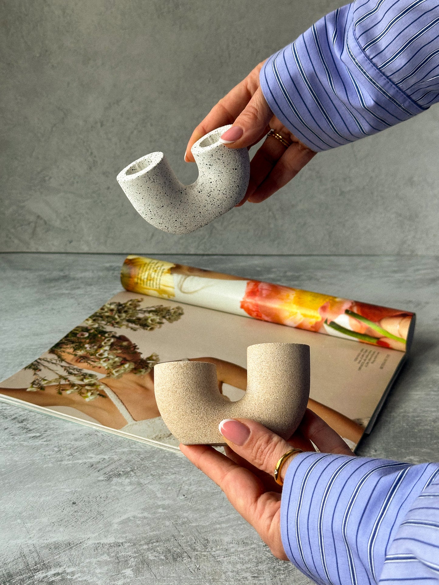 Earthy U Shape Dinner Candle Holder Stone Textured