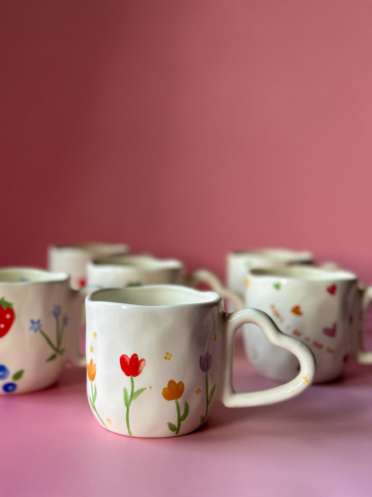 Hand Painted Tulip Ceramic With Heart Handle Coffee / Tea Mug