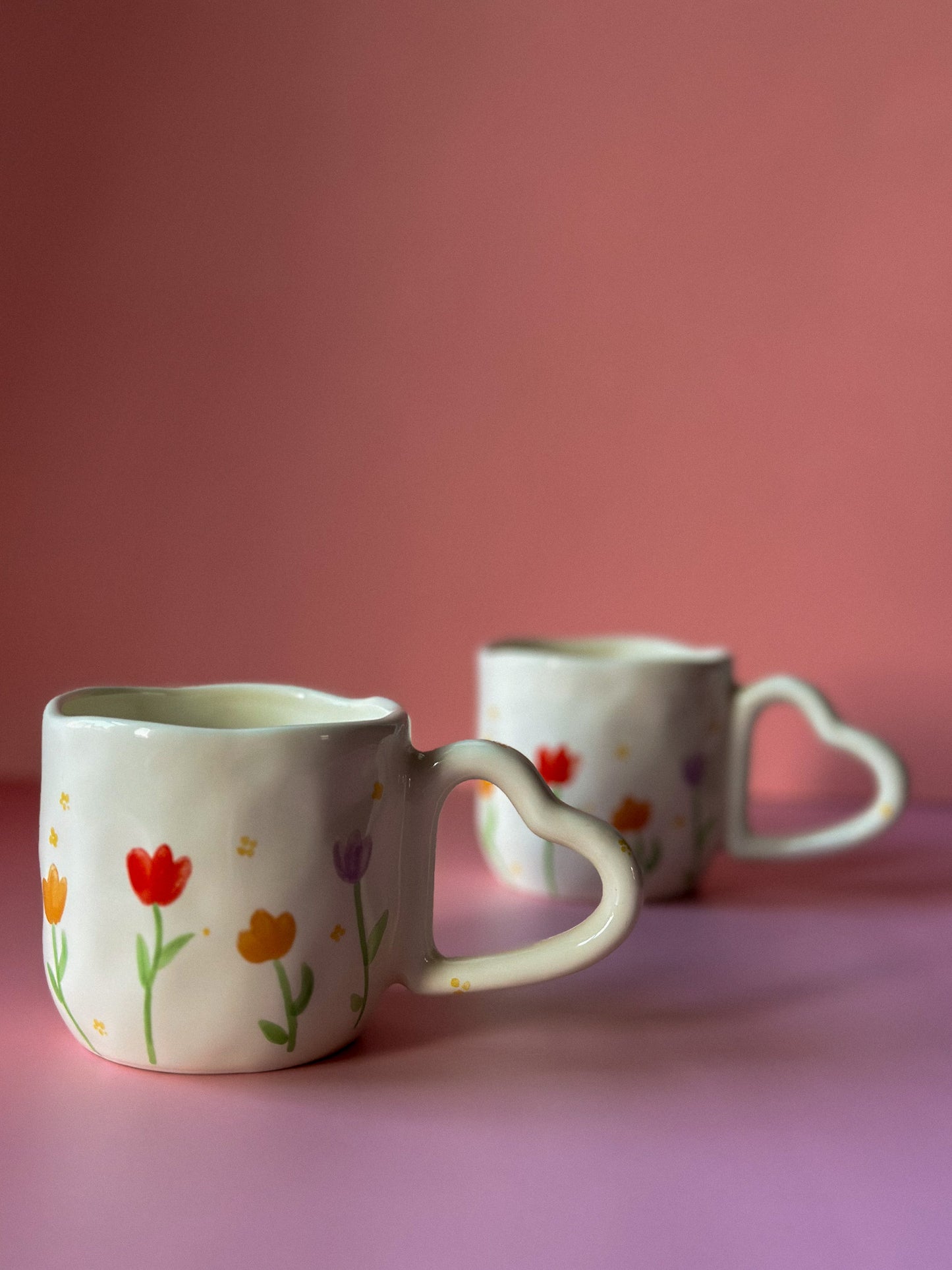 Hand Painted Tulip Ceramic With Heart Handle Coffee / Tea Mug