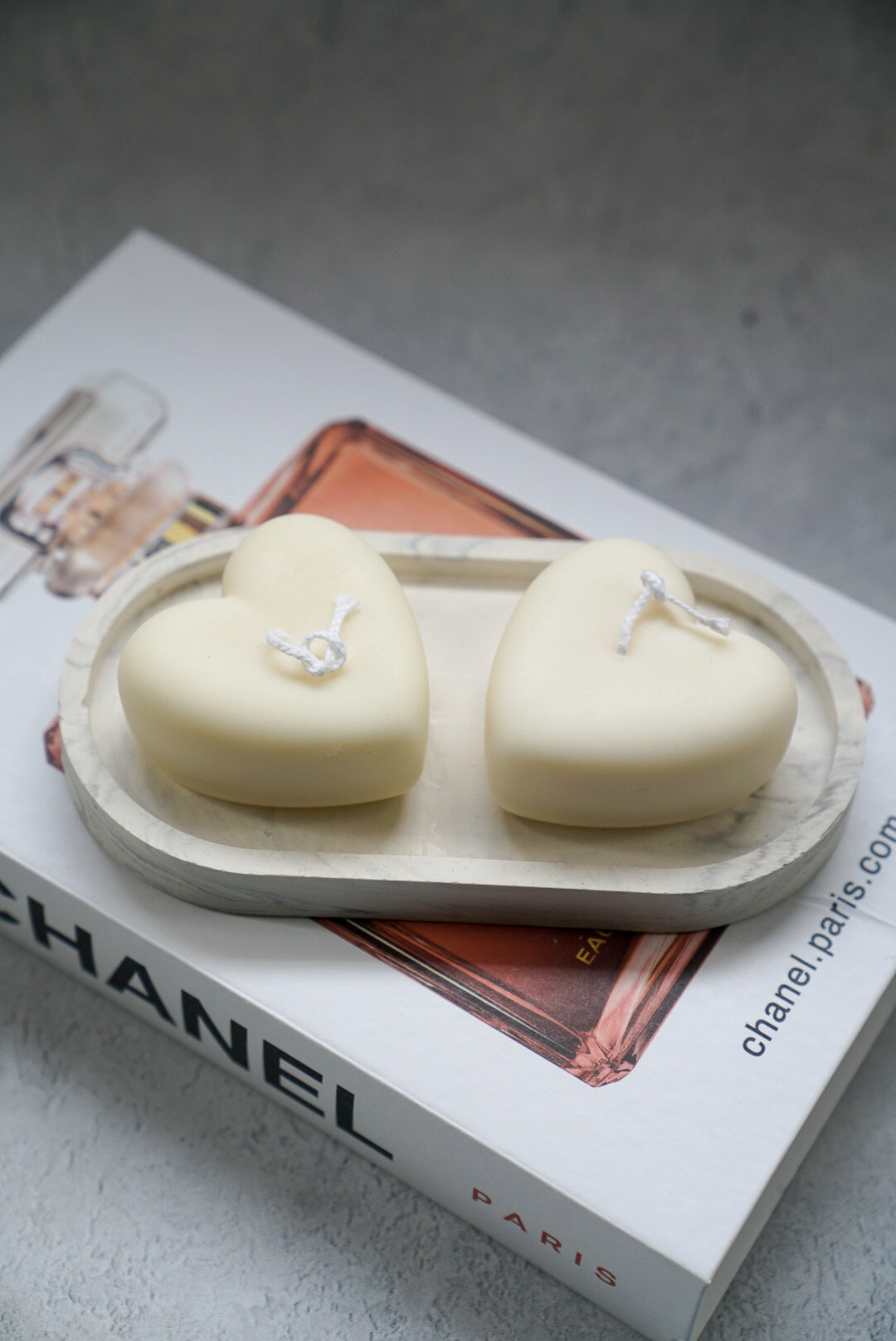 Heart-Shaped Candles on a trinket tray.